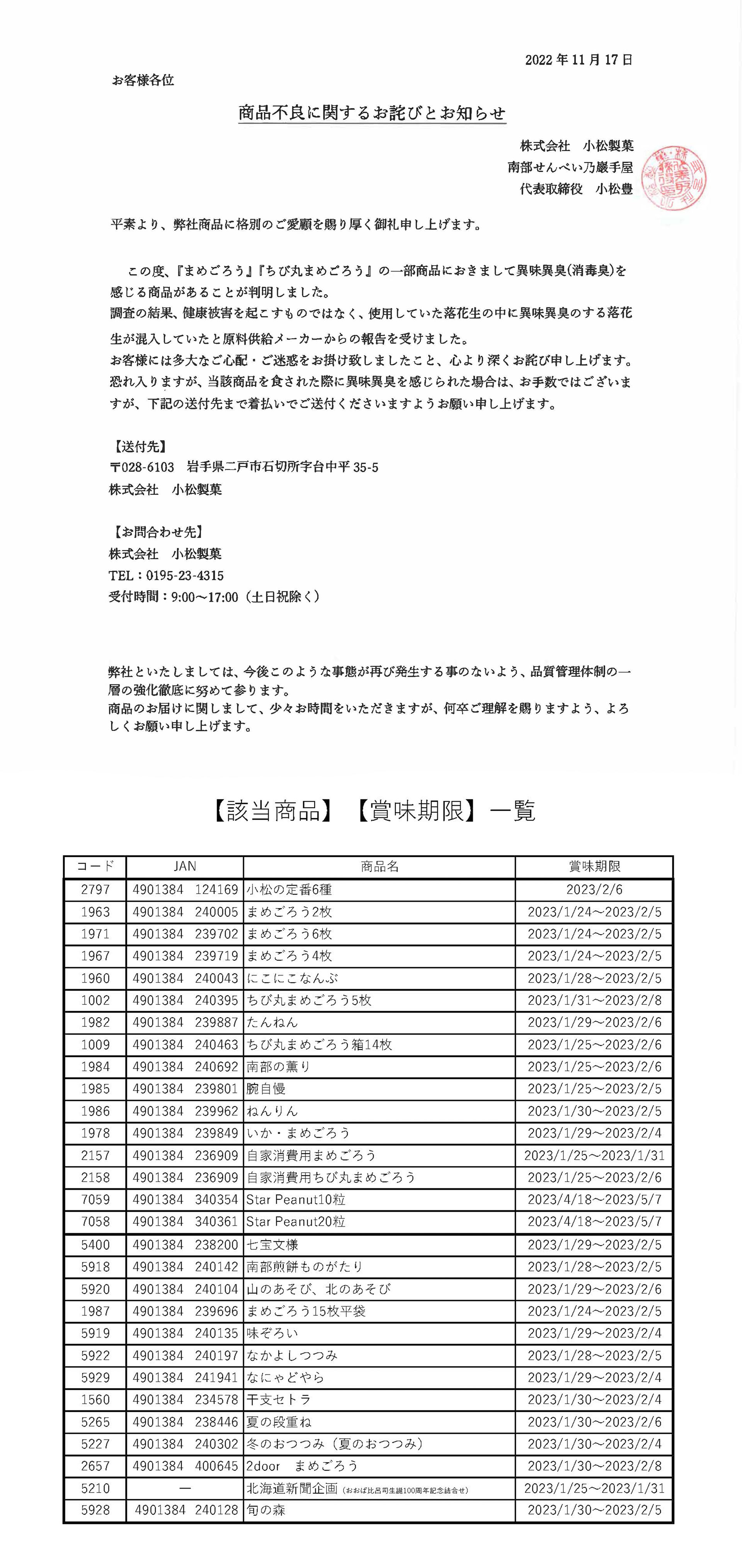 22 11 17 商品不良に関するお詫びとお知らせ